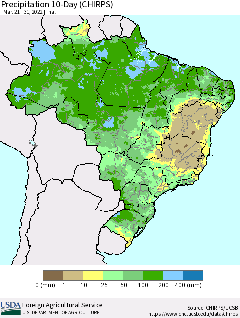Brazil Precipitation 10-Day (CHIRPS) Thematic Map For 3/21/2022 - 3/31/2022