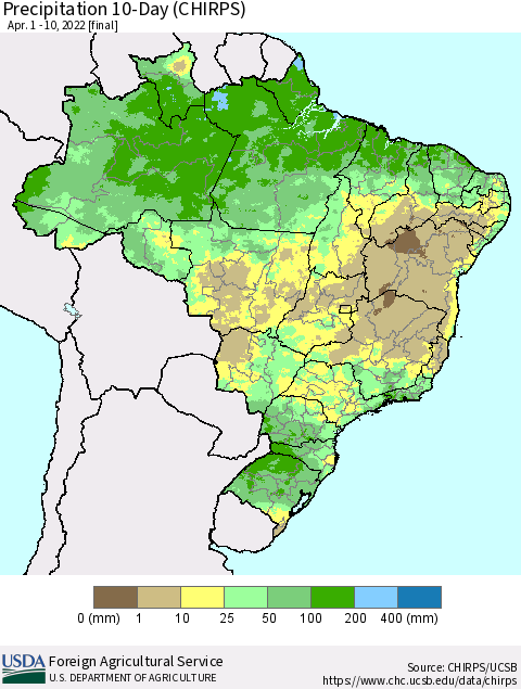 Brazil Precipitation 10-Day (CHIRPS) Thematic Map For 4/1/2022 - 4/10/2022