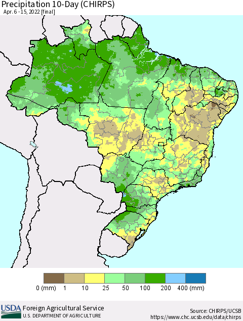 Brazil Precipitation 10-Day (CHIRPS) Thematic Map For 4/6/2022 - 4/15/2022