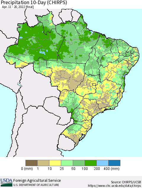 Brazil Precipitation 10-Day (CHIRPS) Thematic Map For 4/11/2022 - 4/20/2022