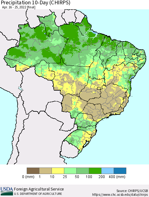 Brazil Precipitation 10-Day (CHIRPS) Thematic Map For 4/16/2022 - 4/25/2022