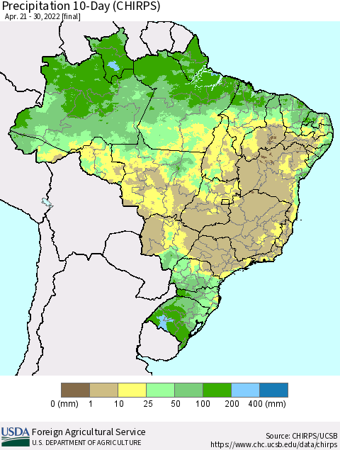 Brazil Precipitation 10-Day (CHIRPS) Thematic Map For 4/21/2022 - 4/30/2022