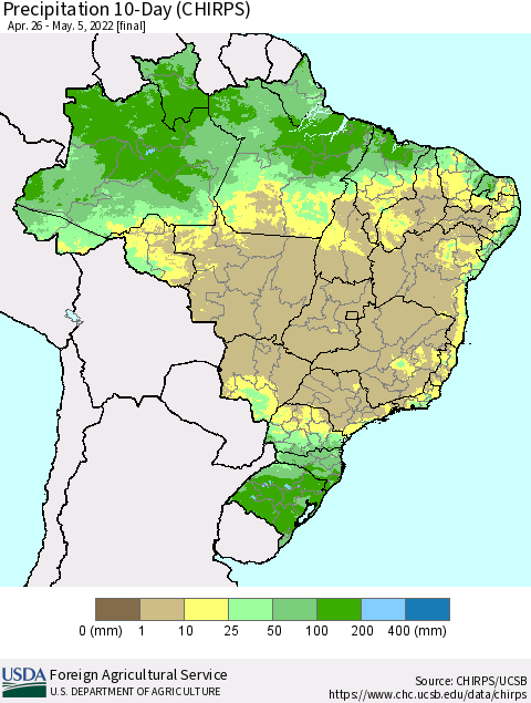 Brazil Precipitation 10-Day (CHIRPS) Thematic Map For 4/26/2022 - 5/5/2022