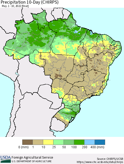 Brazil Precipitation 10-Day (CHIRPS) Thematic Map For 5/1/2022 - 5/10/2022
