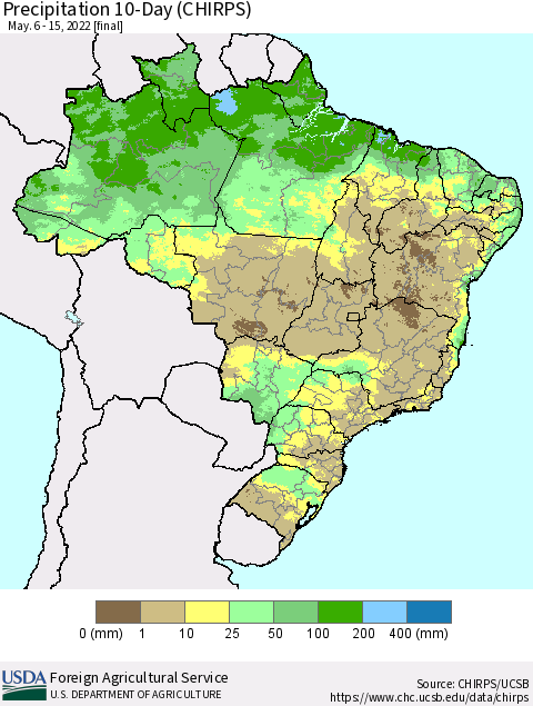 Brazil Precipitation 10-Day (CHIRPS) Thematic Map For 5/6/2022 - 5/15/2022