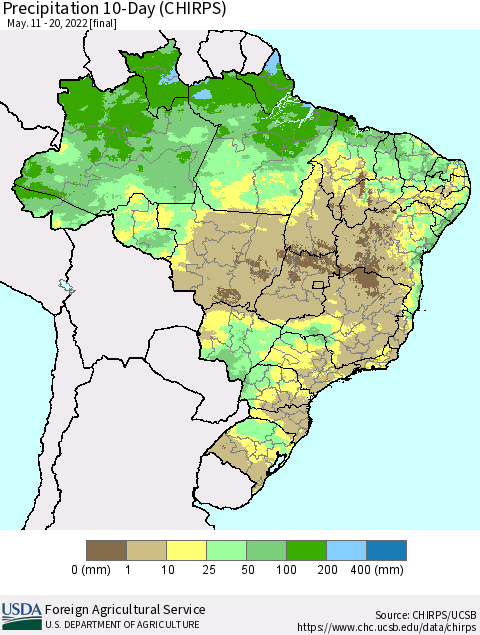 Brazil Precipitation 10-Day (CHIRPS) Thematic Map For 5/11/2022 - 5/20/2022
