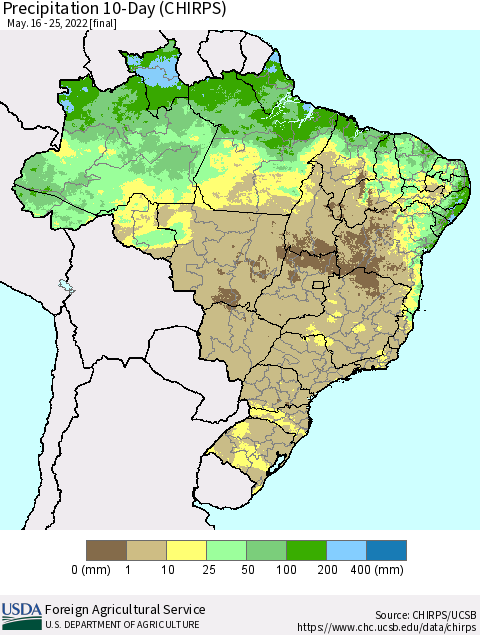 Brazil Precipitation 10-Day (CHIRPS) Thematic Map For 5/16/2022 - 5/25/2022