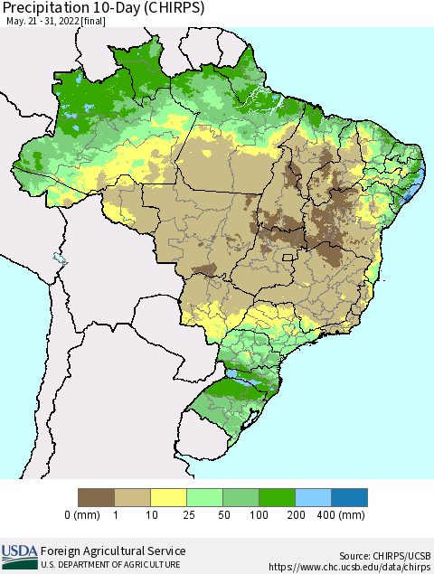 Brazil Precipitation 10-Day (CHIRPS) Thematic Map For 5/21/2022 - 5/31/2022