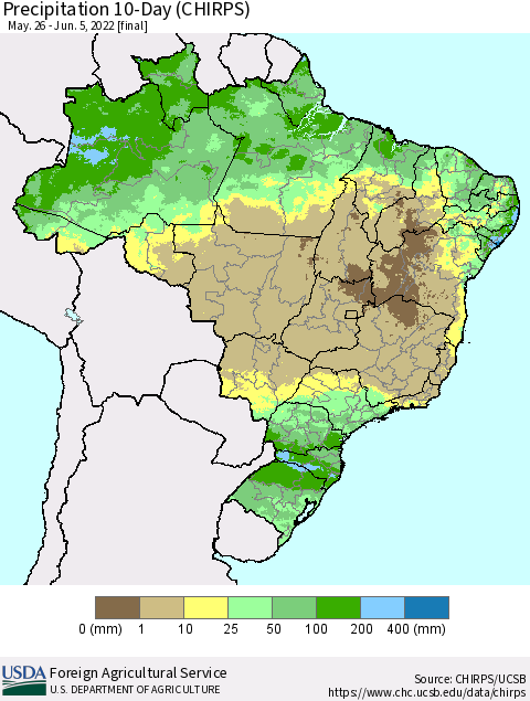 Brazil Precipitation 10-Day (CHIRPS) Thematic Map For 5/26/2022 - 6/5/2022