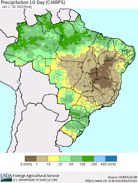 Brazil Precipitation 10-Day (CHIRPS) Thematic Map For 6/1/2022 - 6/10/2022