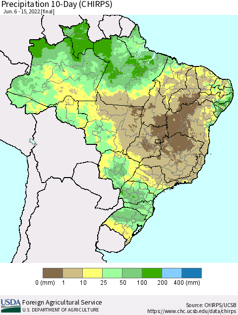 Brazil Precipitation 10-Day (CHIRPS) Thematic Map For 6/6/2022 - 6/15/2022