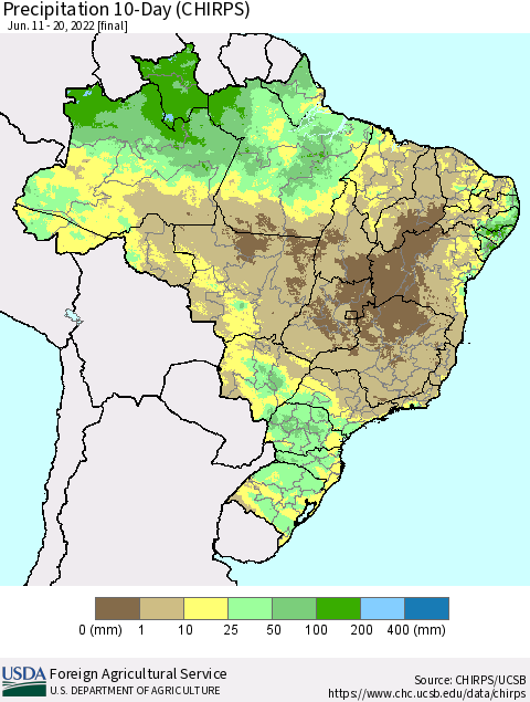 Brazil Precipitation 10-Day (CHIRPS) Thematic Map For 6/11/2022 - 6/20/2022
