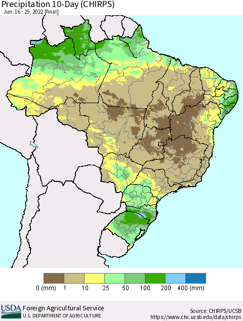 Brazil Precipitation 10-Day (CHIRPS) Thematic Map For 6/16/2022 - 6/25/2022