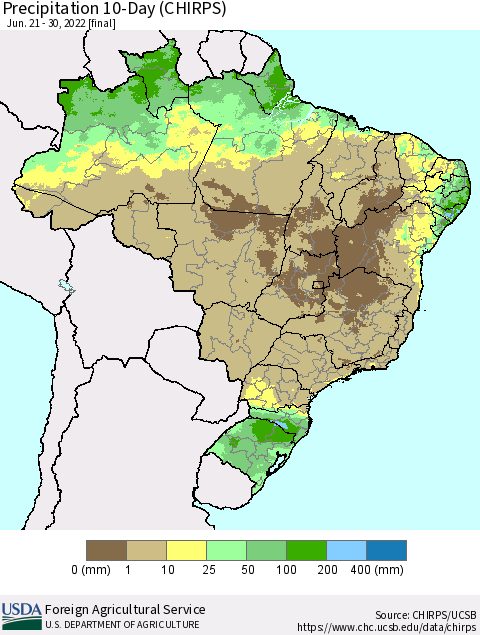Brazil Precipitation 10-Day (CHIRPS) Thematic Map For 6/21/2022 - 6/30/2022