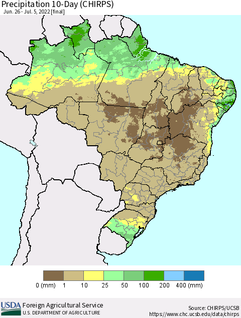 Brazil Precipitation 10-Day (CHIRPS) Thematic Map For 6/26/2022 - 7/5/2022