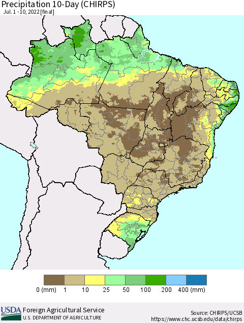 Brazil Precipitation 10-Day (CHIRPS) Thematic Map For 7/1/2022 - 7/10/2022