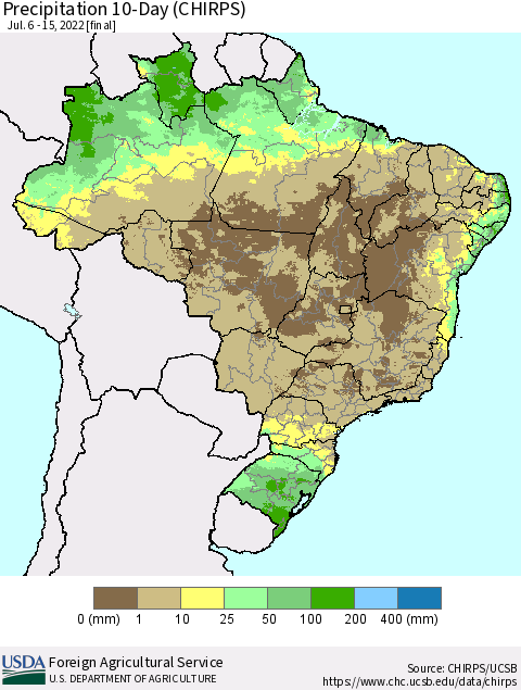 Brazil Precipitation 10-Day (CHIRPS) Thematic Map For 7/6/2022 - 7/15/2022