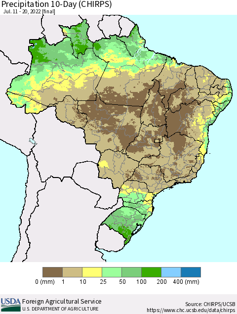 Brazil Precipitation 10-Day (CHIRPS) Thematic Map For 7/11/2022 - 7/20/2022