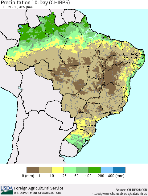 Brazil Precipitation 10-Day (CHIRPS) Thematic Map For 7/21/2022 - 7/31/2022