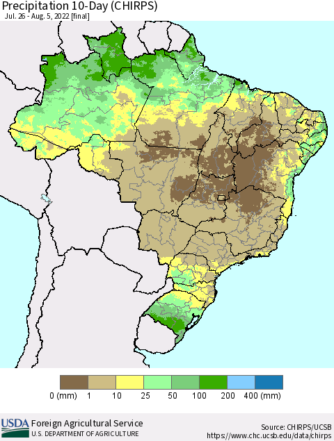 Brazil Precipitation 10-Day (CHIRPS) Thematic Map For 7/26/2022 - 8/5/2022