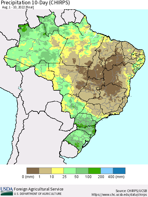 Brazil Precipitation 10-Day (CHIRPS) Thematic Map For 8/1/2022 - 8/10/2022