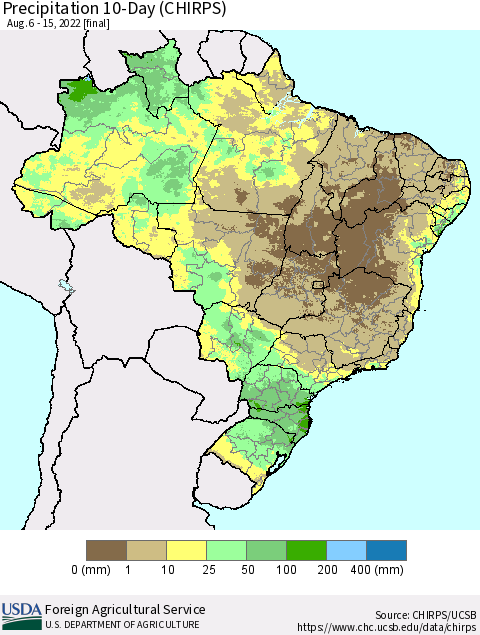 Brazil Precipitation 10-Day (CHIRPS) Thematic Map For 8/6/2022 - 8/15/2022