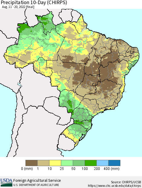 Brazil Precipitation 10-Day (CHIRPS) Thematic Map For 8/11/2022 - 8/20/2022