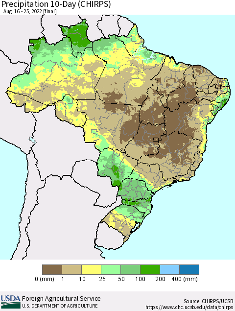 Brazil Precipitation 10-Day (CHIRPS) Thematic Map For 8/16/2022 - 8/25/2022