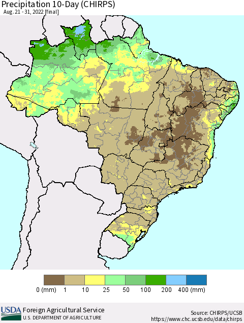 Brazil Precipitation 10-Day (CHIRPS) Thematic Map For 8/21/2022 - 8/31/2022