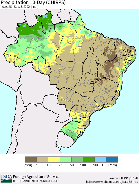 Brazil Precipitation 10-Day (CHIRPS) Thematic Map For 8/26/2022 - 9/5/2022