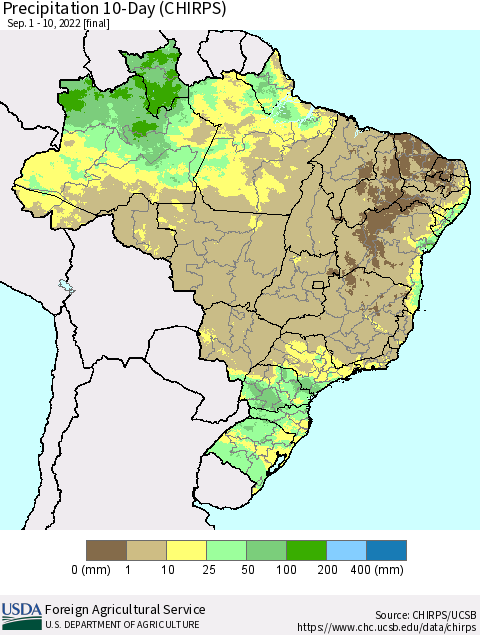 Brazil Precipitation 10-Day (CHIRPS) Thematic Map For 9/1/2022 - 9/10/2022
