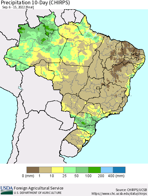 Brazil Precipitation 10-Day (CHIRPS) Thematic Map For 9/6/2022 - 9/15/2022