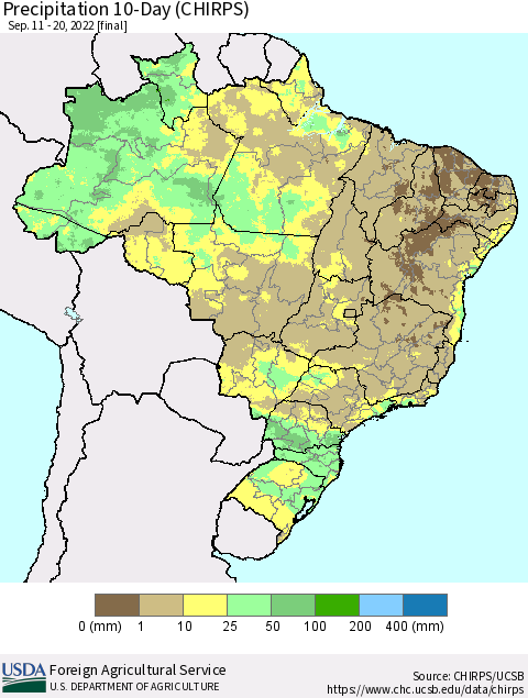 Brazil Precipitation 10-Day (CHIRPS) Thematic Map For 9/11/2022 - 9/20/2022
