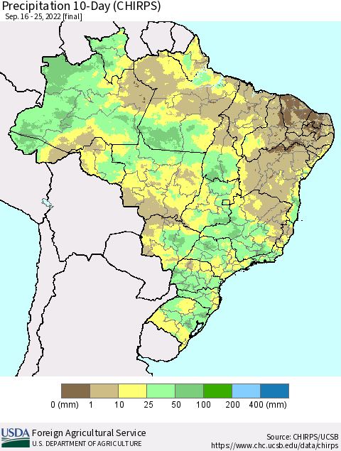 Brazil Precipitation 10-Day (CHIRPS) Thematic Map For 9/16/2022 - 9/25/2022