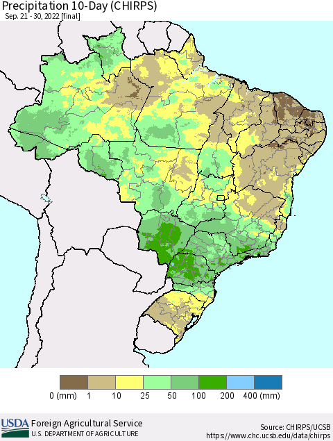 Brazil Precipitation 10-Day (CHIRPS) Thematic Map For 9/21/2022 - 9/30/2022