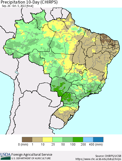 Brazil Precipitation 10-Day (CHIRPS) Thematic Map For 9/26/2022 - 10/5/2022