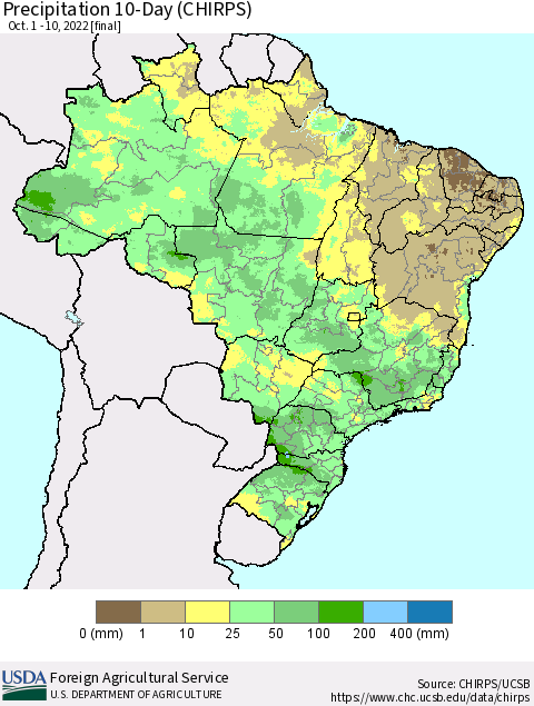 Brazil Precipitation 10-Day (CHIRPS) Thematic Map For 10/1/2022 - 10/10/2022