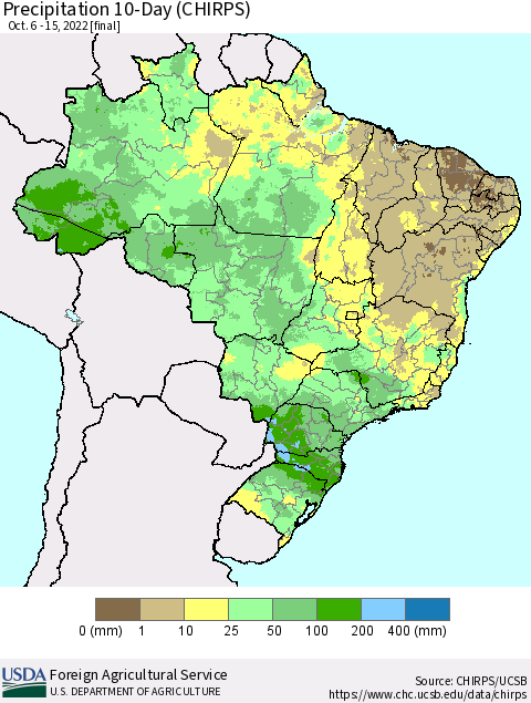 Brazil Precipitation 10-Day (CHIRPS) Thematic Map For 10/6/2022 - 10/15/2022