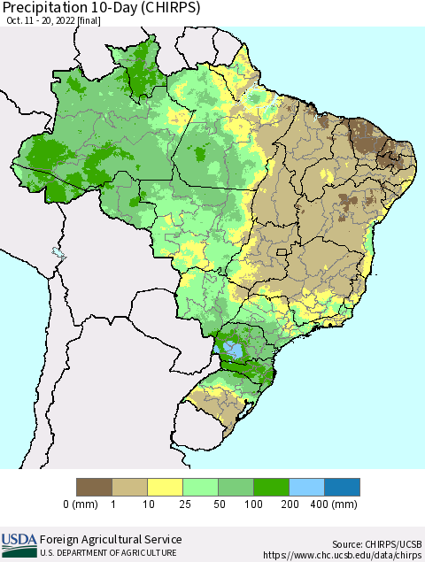 Brazil Precipitation 10-Day (CHIRPS) Thematic Map For 10/11/2022 - 10/20/2022