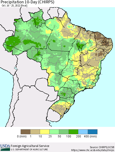 Brazil Precipitation 10-Day (CHIRPS) Thematic Map For 10/16/2022 - 10/25/2022