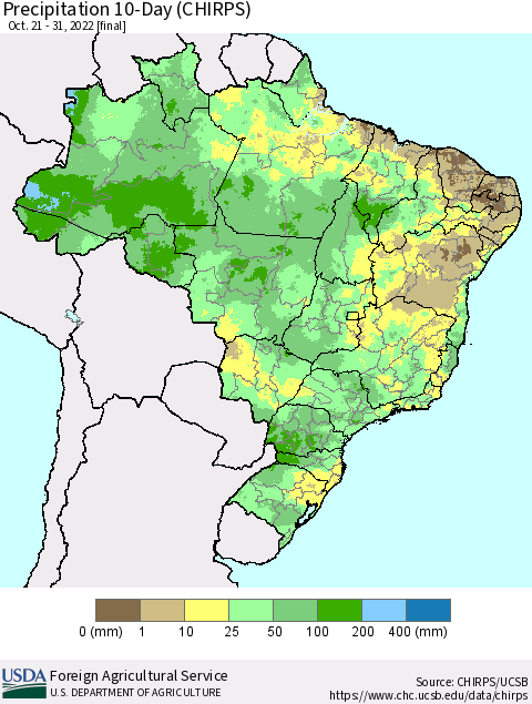 Brazil Precipitation 10-Day (CHIRPS) Thematic Map For 10/21/2022 - 10/31/2022