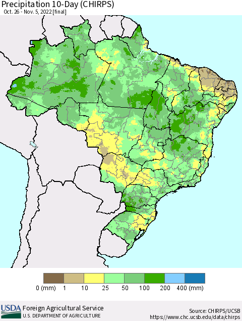Brazil Precipitation 10-Day (CHIRPS) Thematic Map For 10/26/2022 - 11/5/2022
