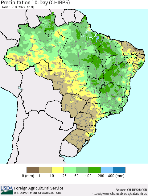 Brazil Precipitation 10-Day (CHIRPS) Thematic Map For 11/1/2022 - 11/10/2022