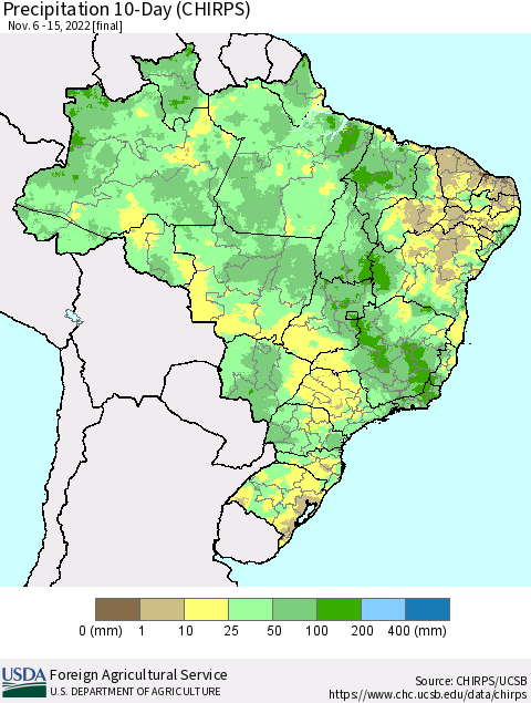Brazil Precipitation 10-Day (CHIRPS) Thematic Map For 11/6/2022 - 11/15/2022
