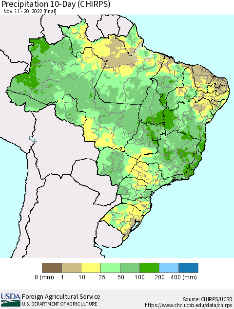 Brazil Precipitation 10-Day (CHIRPS) Thematic Map For 11/11/2022 - 11/20/2022