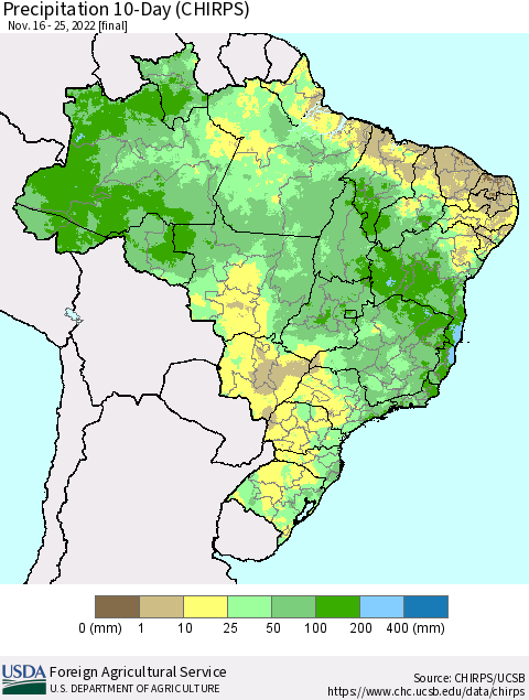 Brazil Precipitation 10-Day (CHIRPS) Thematic Map For 11/16/2022 - 11/25/2022