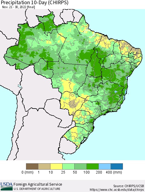Brazil Precipitation 10-Day (CHIRPS) Thematic Map For 11/21/2022 - 11/30/2022