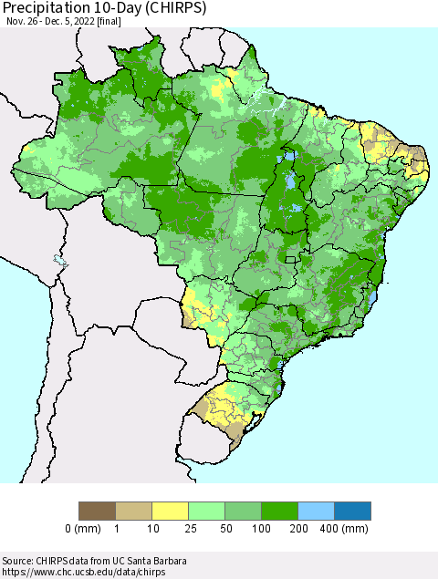 Brazil Precipitation 10-Day (CHIRPS) Thematic Map For 11/26/2022 - 12/5/2022