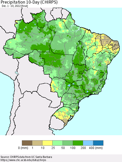 Brazil Precipitation 10-Day (CHIRPS) Thematic Map For 12/1/2022 - 12/10/2022