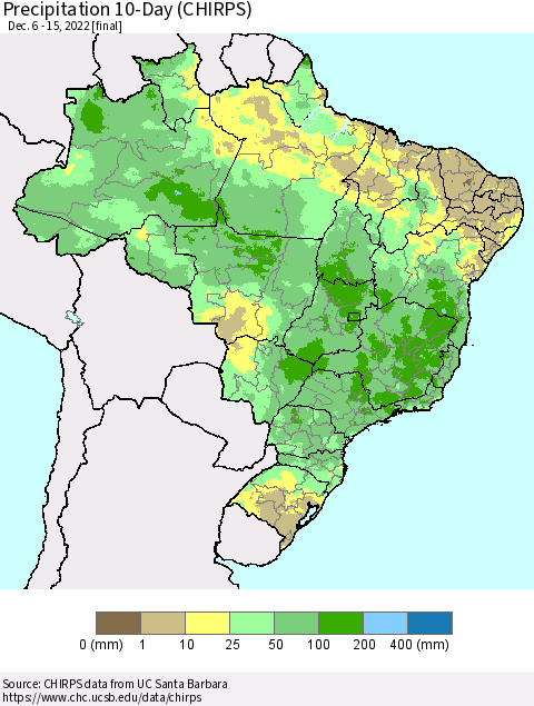 Brazil Precipitation 10-Day (CHIRPS) Thematic Map For 12/6/2022 - 12/15/2022